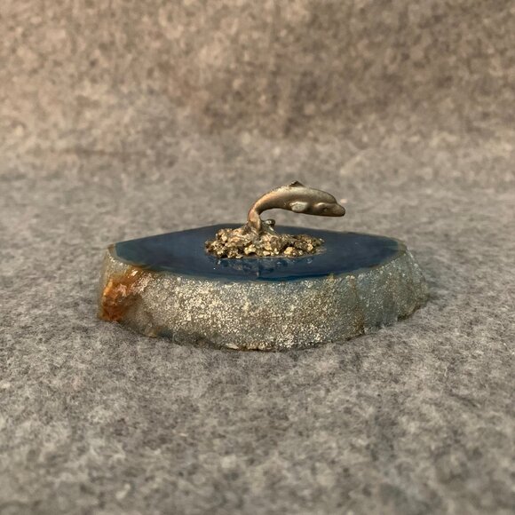 Pewter Dolphin Figurine on Polished Blue Agate Quartz - Picture 1 of 6